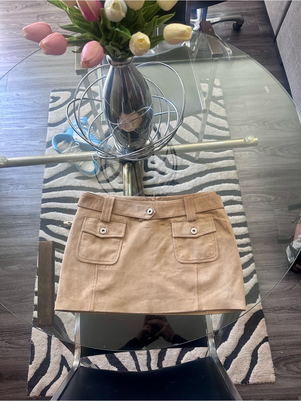Y2K In Suede Beige Suede Mini Skirt with Front Pockets